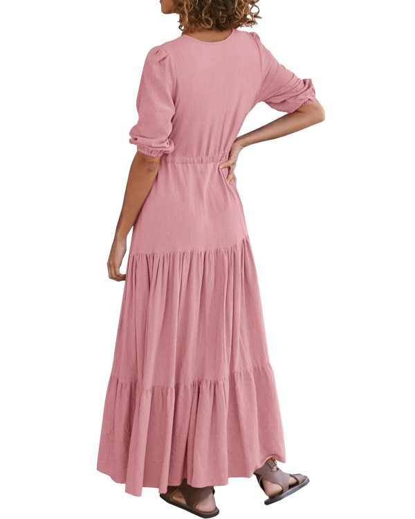 71BMLAyElYL.jpg Women Summer Dresses Short Sleeves V Neck Button Drawstring Maxi Dresses Solid Color Boho Long Dresses