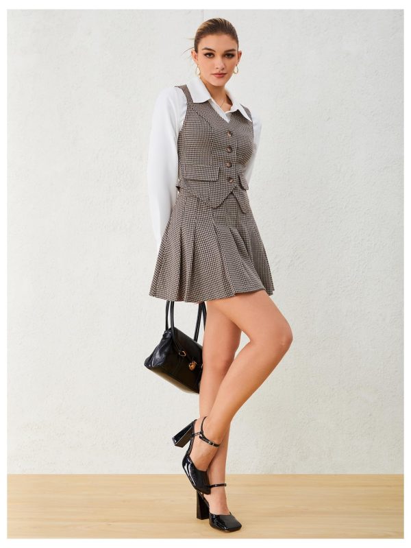 Women's 2 Piece Outfit Plaid Vest Blazer and Pleated Skirt Suit Sets