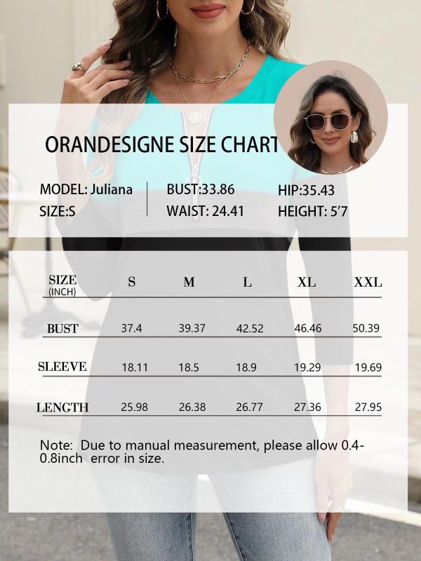 Women’s 3/4 Length Sleeve Tops Summer Color Block Zipper T Shirts Casual Ladies Tees