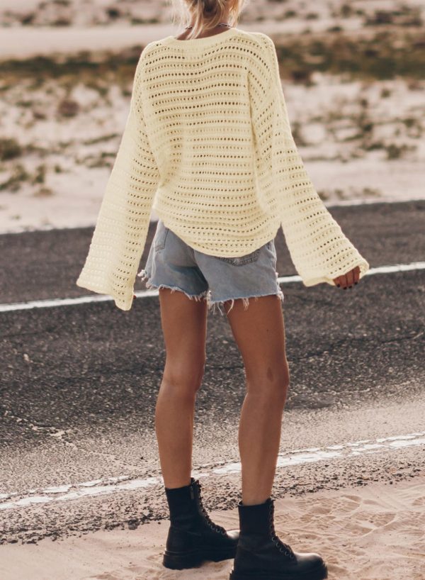 Womens Sweaters Lightweight Casual Long Sleeve Loose Crochet Hollow Out Knit Pullover Tops Clothing
