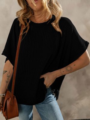 Women's Casual Oversized Short Sleeve Solid Color Loose Texture Knit Tunic Tops Blouses