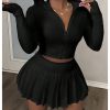 Women's Skirt Sets 2 Piece Outfits Long Sleeve Crop Top with Pleated Mini Skirt Set Party Outfits for Women