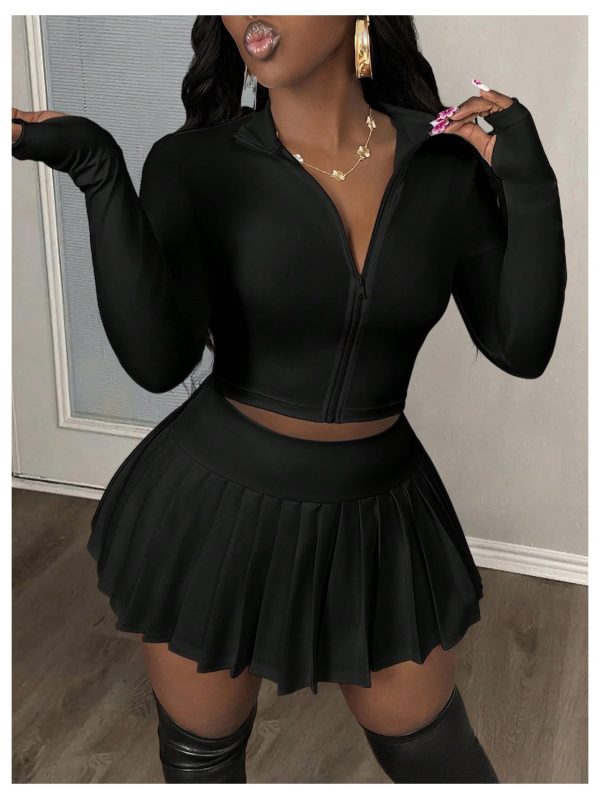 Women's Skirt Sets 2 Piece Outfits Long Sleeve Crop Top with Pleated Mini Skirt Set Party Outfits for Women