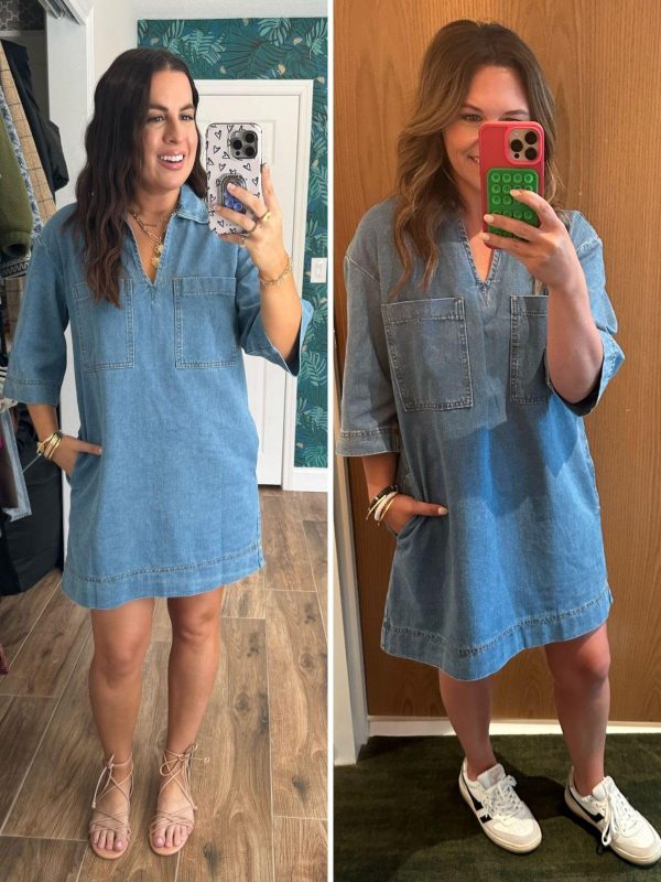 71GLl79jaKL.jpg Womens Denim Shirt Dress Summer Collared V Neck Mini Casual Jean Dresses with Pockets