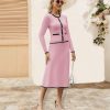 Women's Two Piece Skirt Sets Dressy Casual Knit Long Sleeve Button Crewneck Tops and Midi Dresses Matching Set Fall Outfits