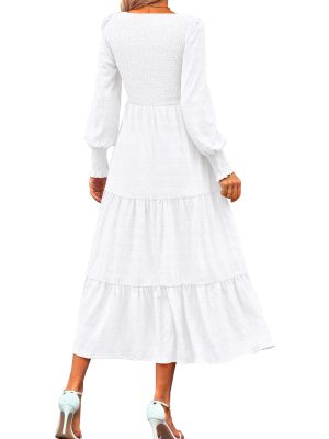 Women Spring Wedding Guest Maxi Dress Elegant Puff Long Sleeve Summer Smocked Empire Waist Swing Flowy Long Dresses