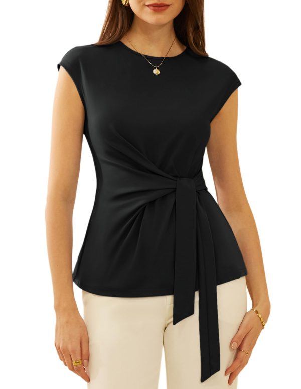 71K-E33Ns0L.jpg Womens Cap Sleeve Tops 2025 Summer Tie Waist Crew Neck Elegant Blouse Dressy Casual Work Business Shirts