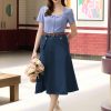 Women's Denim Skirts Vintage Elastic High Waist A-Line Long Maxi Jean Skirts with Pockets