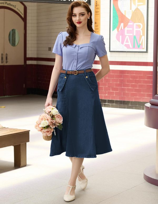 Women's Denim Skirts Vintage Elastic High Waist A-Line Long Maxi Jean Skirts with Pockets