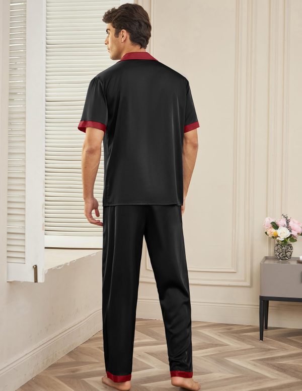 Men Satin Silk Pajamas Set 2 Piece Button Down Sleepwear Long Pants Loungewear with Pockets