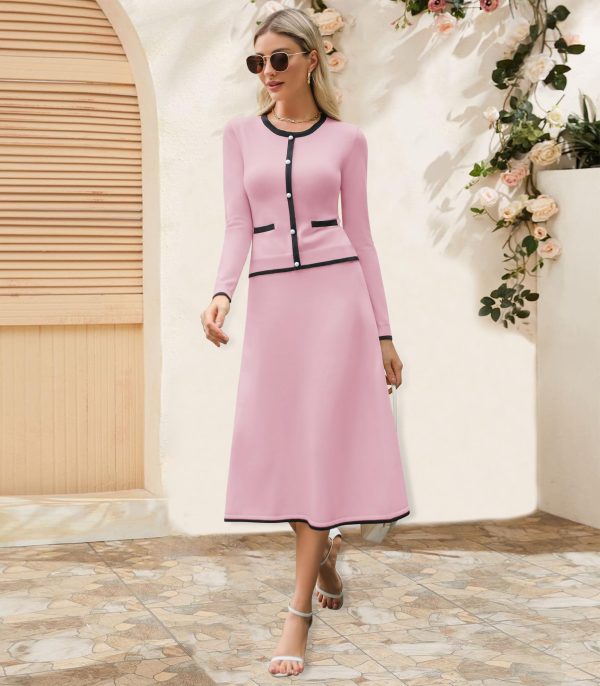 Women's Two Piece Skirt Sets Dressy Casual Knit Long Sleeve Button Crewneck Tops and Midi Dresses Matching Set Fall Outfits