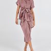 2025 Women Button Down Ruched Shirt Dresses Short Sleeve Lapel V Neck Elegant Party Spring Summer Maxi Satin Dress