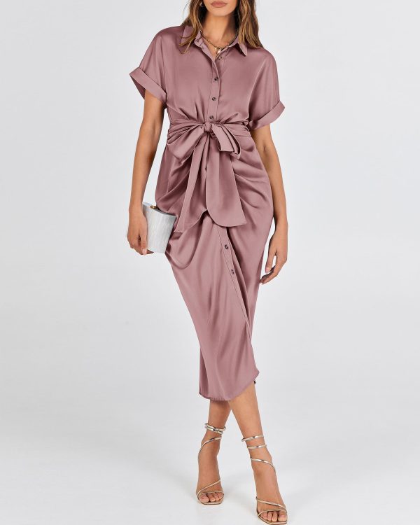 71Lm8Uq0I3L.jpg 2025 Women Button Down Ruched Shirt Dresses Short Sleeve Lapel V Neck Elegant Party Spring Summer Maxi Satin Dress