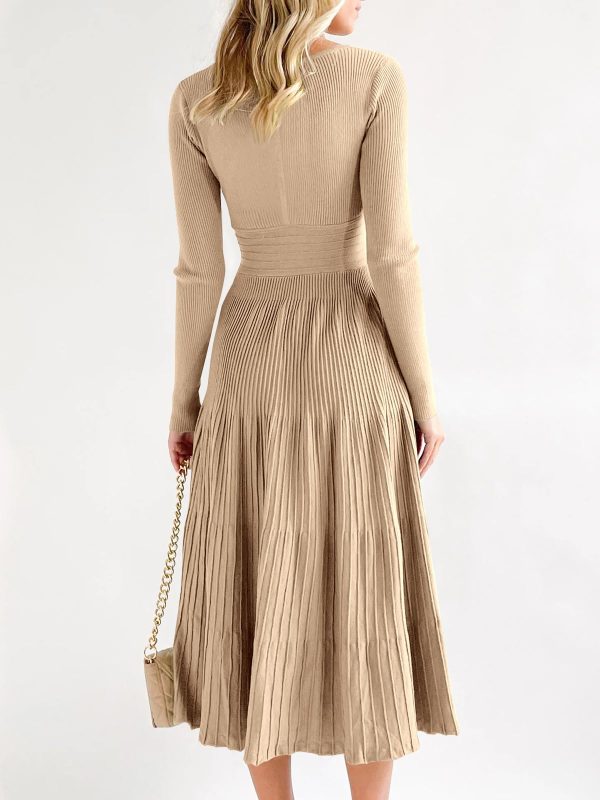 71LqIK07mnL.jpg Womens Long Sleeve Midi Sweater Dress Wrap V Neck Pleated A Line Fit Flare Elegant Knit Maxi Dress