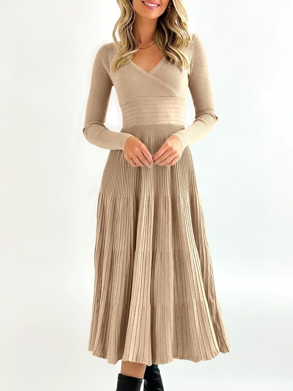71McE1WLMAL.jpg Womens Long Sleeve Midi Sweater Dress Wrap V Neck Pleated A Line Fit Flare Elegant Knit Maxi Dress