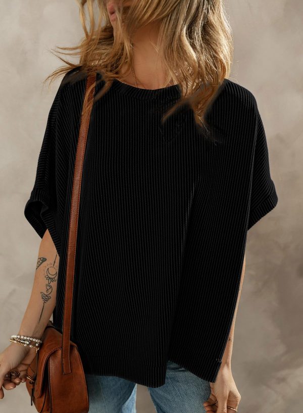 71Mv4LbVIL.jpg Women's Casual Oversized Short Sleeve Solid Color Loose Texture Knit Tunic Tops Blouses