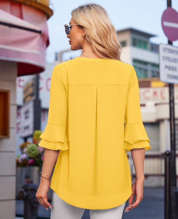 71O71exRdL.jpg Blouse for Women Dressy Casual Spring Summer 3/4 Ruffle Sleeve Tops Double Layered Business Casual Tunic Work Shirts