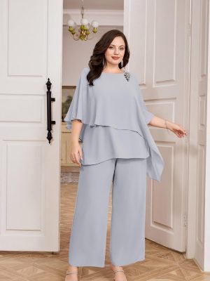 Plus Size Mother of Bride Pant Suits 2 Piece Chiffon Sets Ruffle Layers Wedding Guest Outfit