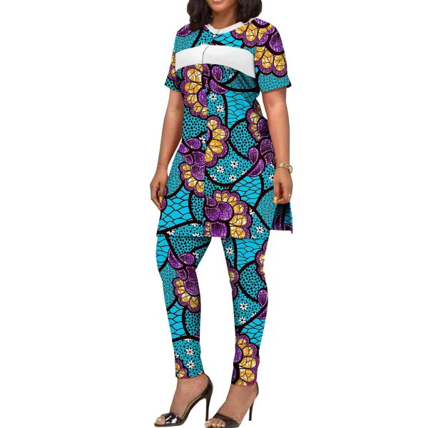 71P0ml2VZtL.jpg African Clothing for Women Short Sleeve Shirt and Print Pants 2 Piece Set Tracksuit Plus Size Dashiki Casual Outfit