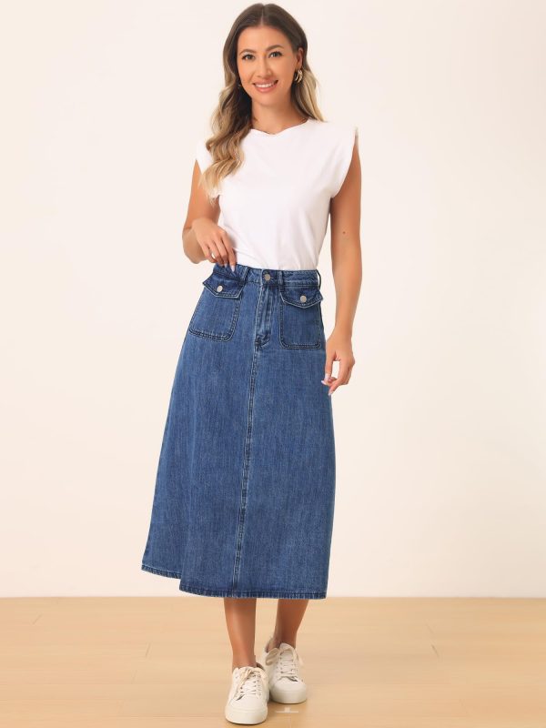 71Pg3Osy7tL.jpg Long Jean Skirts for Women's High Waisted Flap Pocket A-Line Vintage Denim Maxi Skirt