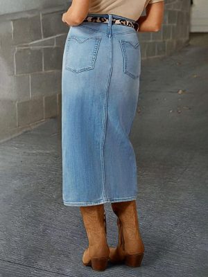 Straight High Rise Vintage Zipped up Wash Split Thigh Midi Denim Skirt Without Belt