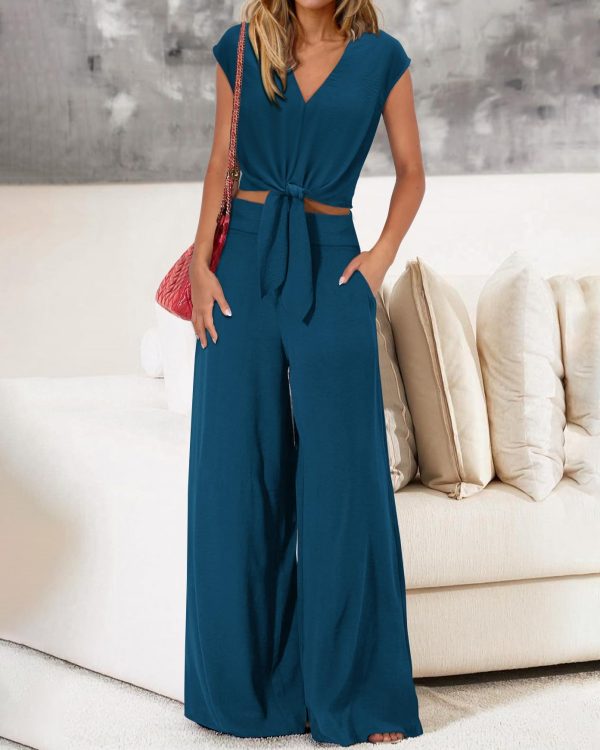 71SNXEjhRYL.jpg Women's Summer 2 Piece Outfits 2025 Cap Sleeve V Neck Belted Crop Tops Wide Leg Pant Sets Casual Tracksuit