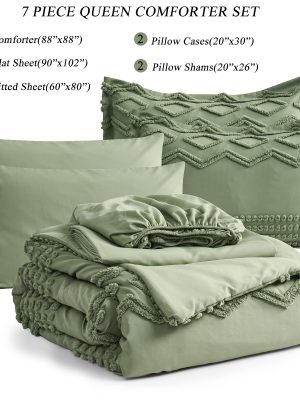 Sage Green Tufted Comforter Set Queen Size 7 Piece Bed in a Bag, Shabby Chic Boho Comforter and Sheet Set, Pom Pom Textured Bed