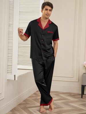 Men Satin Silk Pajamas Set 2 Piece Button Down Sleepwear Long Pants Loungewear with Pockets