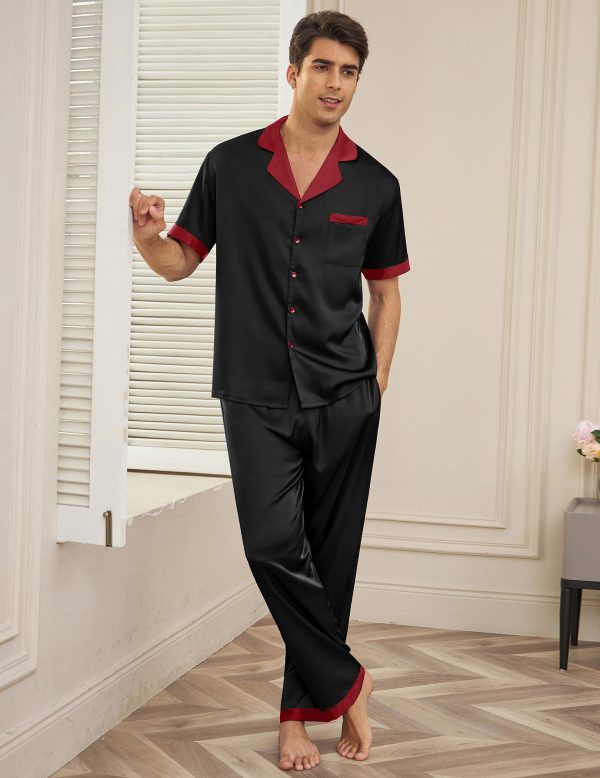 Men Satin Silk Pajamas Set 2 Piece Button Down Sleepwear Long Pants Loungewear with Pockets