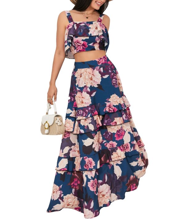 Women's Summer 2 Piece Outfits Floral Print Strap Crop Tops Tiered Ruffle Skirt Sets Maxi Long Dress