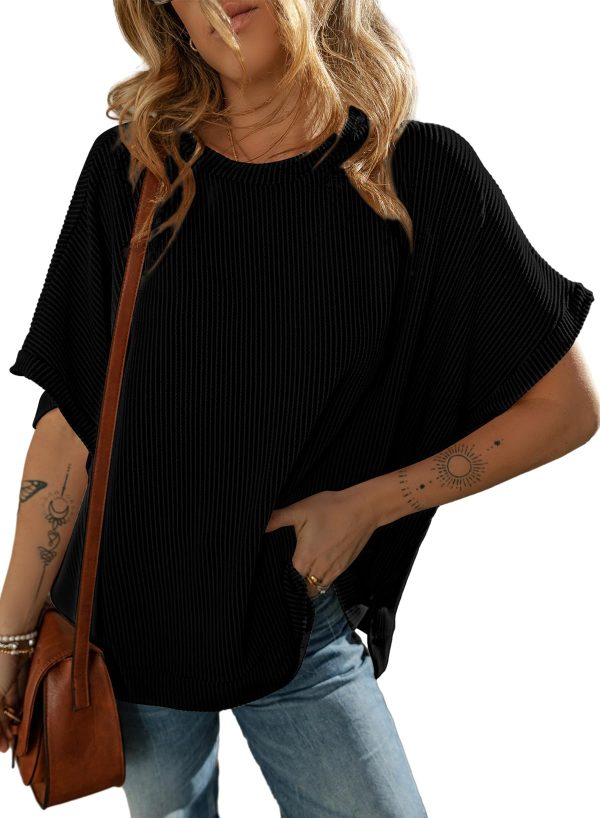 71V68WntvBL.jpg Women's Casual Oversized Short Sleeve Solid Color Loose Texture Knit Tunic Tops Blouses