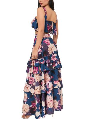 Women's Summer 2 Piece Outfits Floral Print Strap Crop Tops Tiered Ruffle Skirt Sets Maxi Long Dress