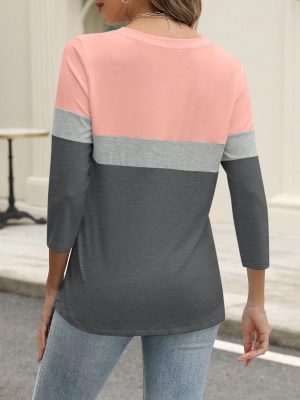 Women’s 3/4 Length Sleeve Tops Summer Color Block Zipper T Shirts Casual Ladies Tees