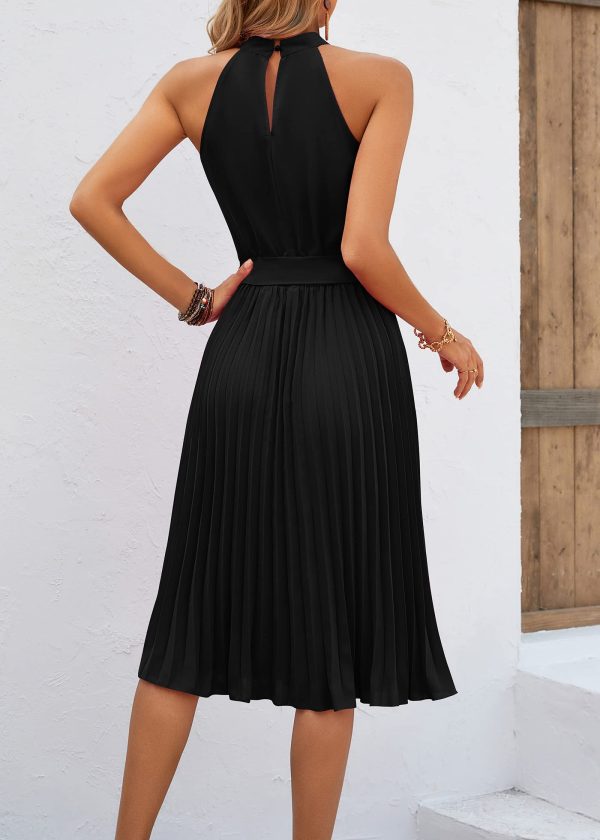 71WXi1ndHlL.jpg Women's 2025 Summer Sleeveless Halter Neck Pleated Midi Cocktail Dresses A Line Flowy Beach Sun Dress with Belt