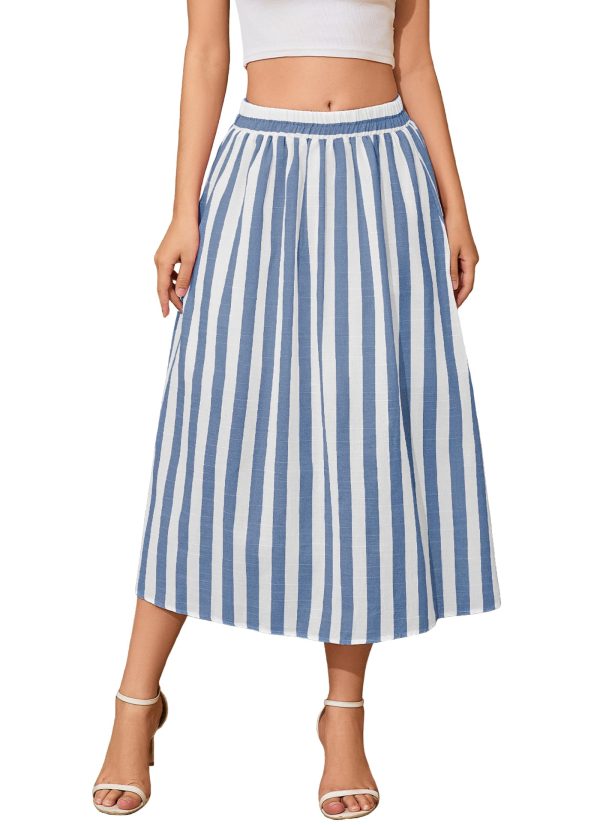 Women's Trendy Summer Casual Pleated Striped Maxi Flared Beach Skirt High Waist A-Line Flowy Midi Skirts Long Dresses