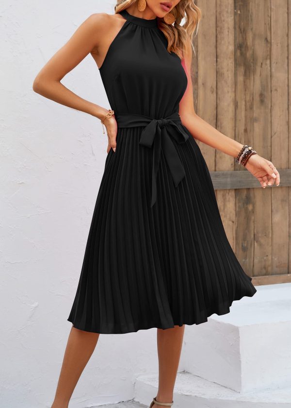 71XsLOeXZFL.jpg Women's 2025 Summer Sleeveless Halter Neck Pleated Midi Cocktail Dresses A Line Flowy Beach Sun Dress with Belt