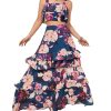 Women's Summer 2 Piece Outfits Floral Print Strap Crop Tops Tiered Ruffle Skirt Sets Maxi Long Dress