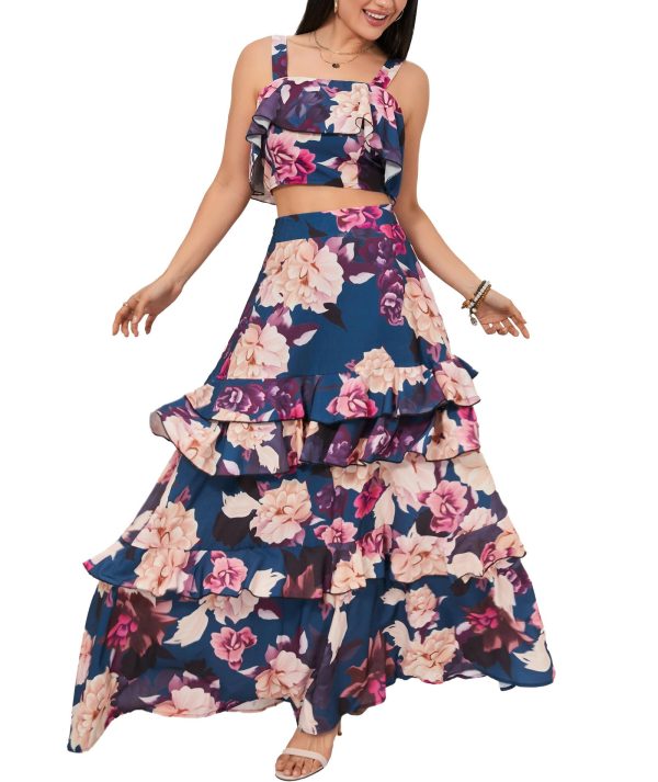 Women's Summer 2 Piece Outfits Floral Print Strap Crop Tops Tiered Ruffle Skirt Sets Maxi Long Dress