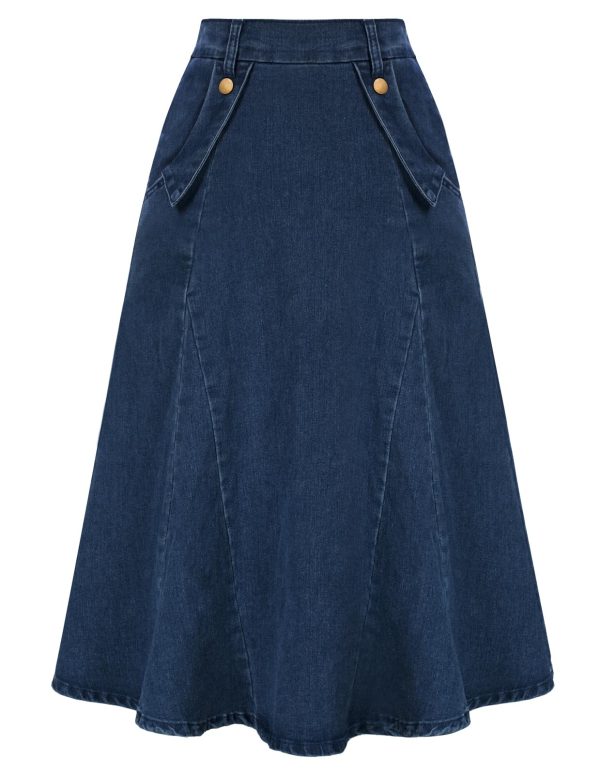 Women's Denim Skirts Vintage Elastic High Waist A-Line Long Maxi Jean Skirts with Pockets