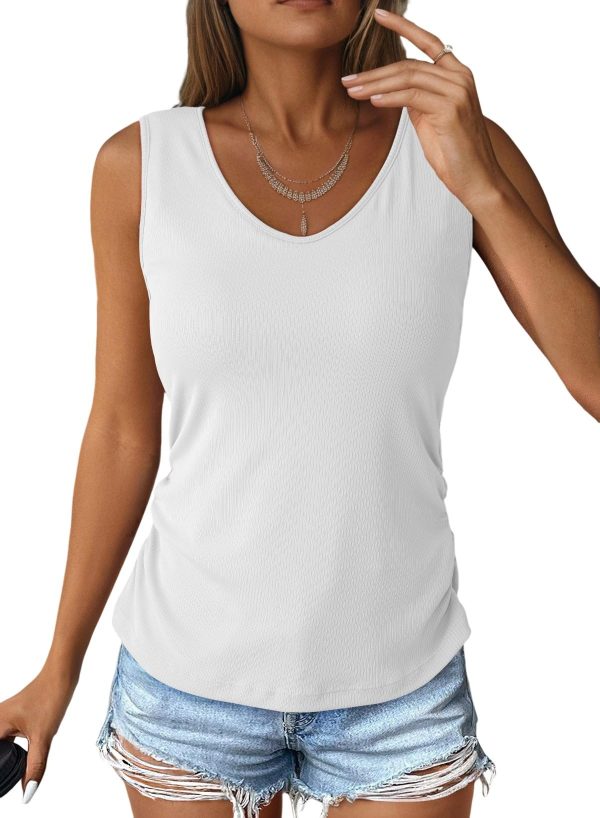 71ZS66IJWgL.jpg Tank Top with Built in Bra for Women Casual Summer Sleeveless Tops Slim Fitted V Neck Ruched Cami Shirts