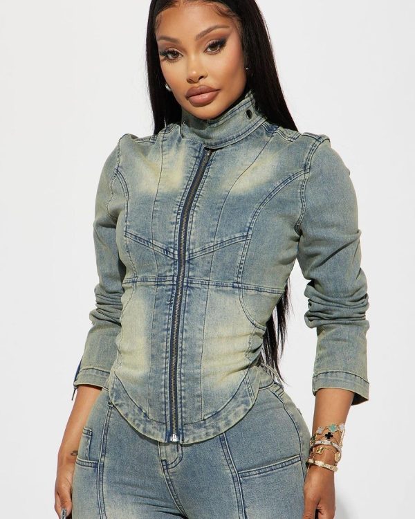 71Zi-az0esL.jpg Women's Two Piece Set Denim Outfits Long Sleeve Zip Up Cropped Jean Jacket Bodycon Pants Fall Y2K Outfits Tracksuit