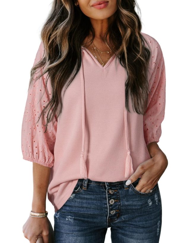 Spring Summer Tops for Women 2025 Dressy Casual V Neck Blouses Cute 3/4 Sleeve Length Babydoll Tops
