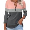 Women’s 3/4 Length Sleeve Tops Summer Color Block Zipper T Shirts Casual Ladies Tees