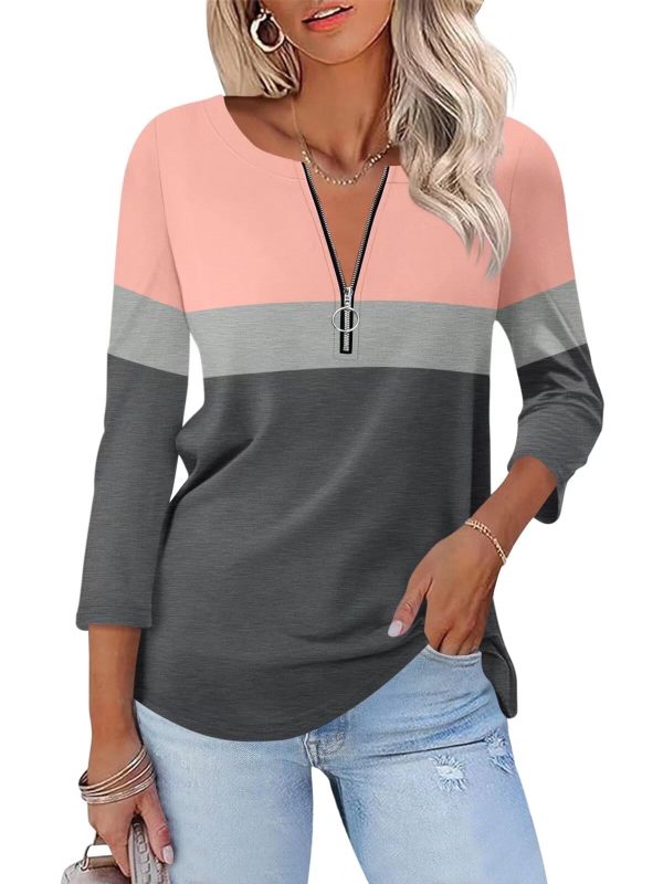 Women’s 3/4 Length Sleeve Tops Summer Color Block Zipper T Shirts Casual Ladies Tees