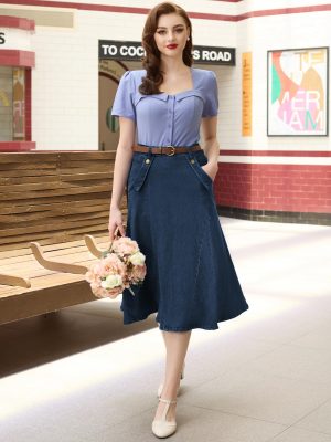 Women's Denim Skirts Vintage Elastic High Waist A-Line Long Maxi Jean Skirts with Pockets