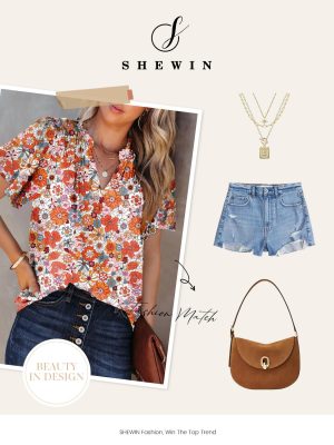 Women's Casual V Neck Floral Print Smocked Short Sleeve Chiffon Blouses Bohemian Top Shirts