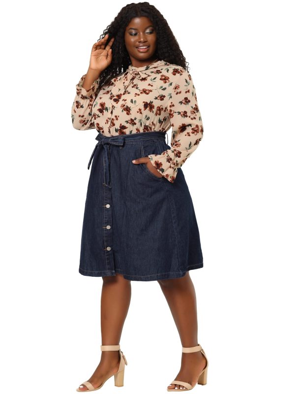 Plus Size Women's Denim Skirts Tie Waist A-Line with Pockets Midi Summer Jeans Skirts