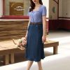 Women's Denim Skirts Vintage Elastic High Waist A-Line Long Maxi Jean Skirts with Pockets