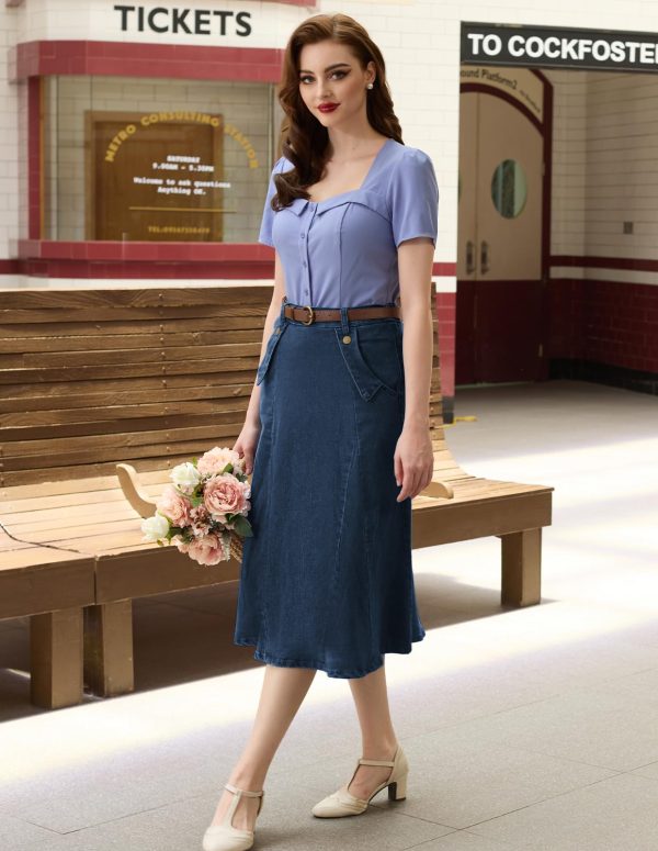 Women's Denim Skirts Vintage Elastic High Waist A-Line Long Maxi Jean Skirts with Pockets