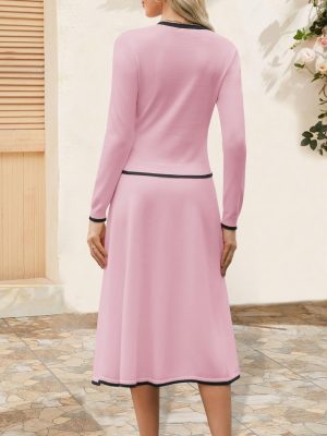 Women's Two Piece Skirt Sets Dressy Casual Knit Long Sleeve Button Crewneck Tops and Midi Dresses Matching Set Fall Outfits